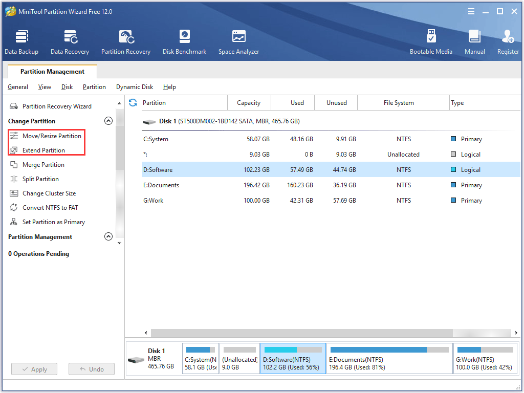 activate the Extend Partition or Move/Resize Partition feature