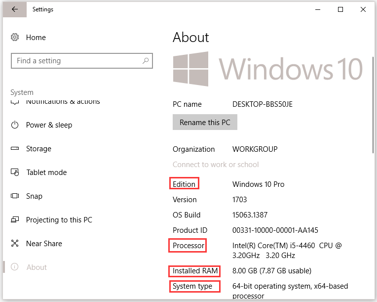 check the OS, CPU, RAM, System type information