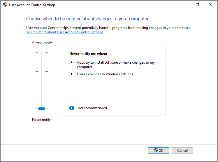 set user account control settings to never notify