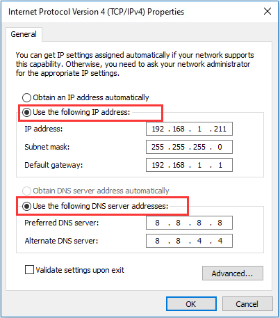 enter IP address and DNS server addresses