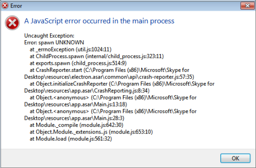 a JavaScript error occurred in the main process