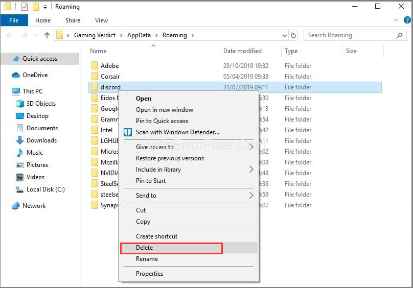 delete Discord folder in the Roaming folder