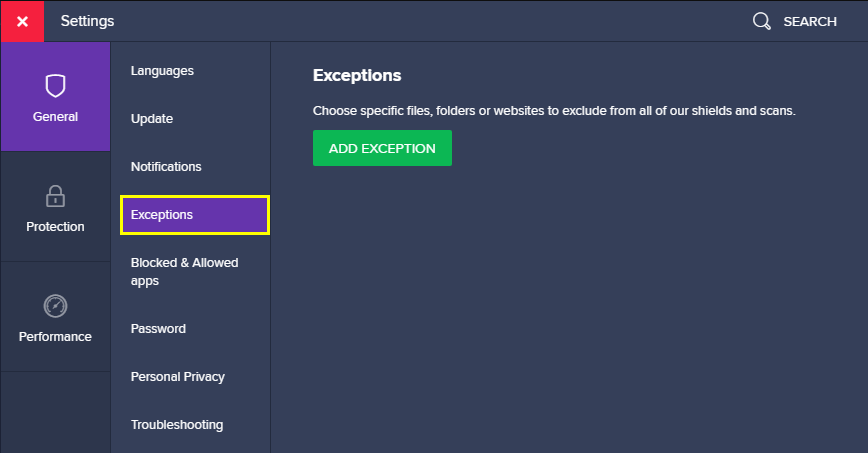 click on Exceptions Avast