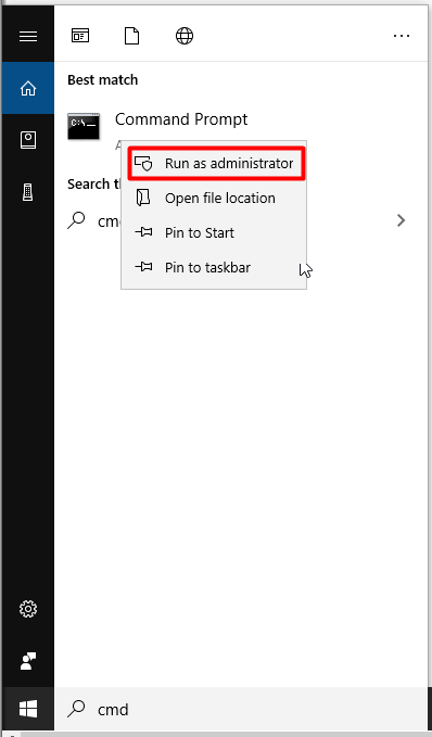 open command prompt as administrator from the search box