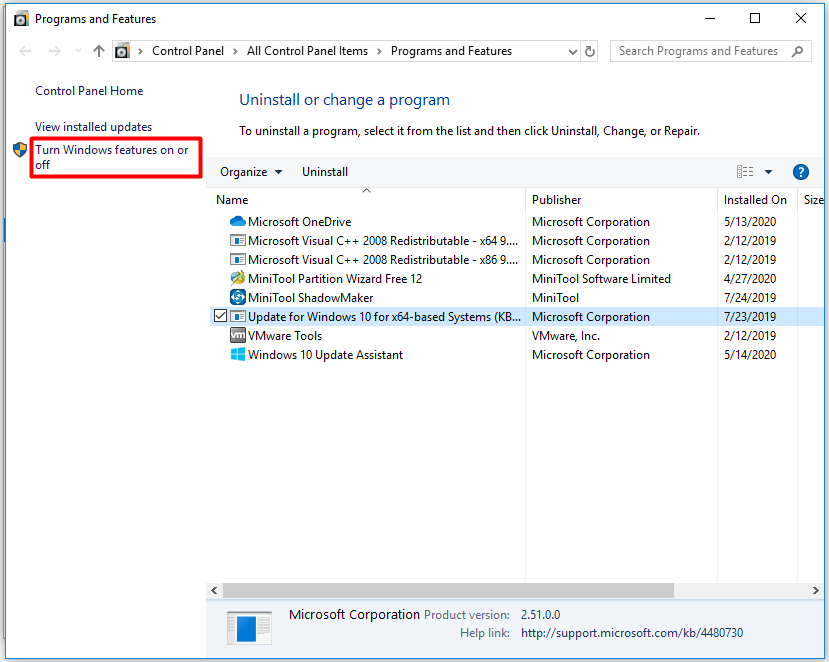 turn Windows features on or off
