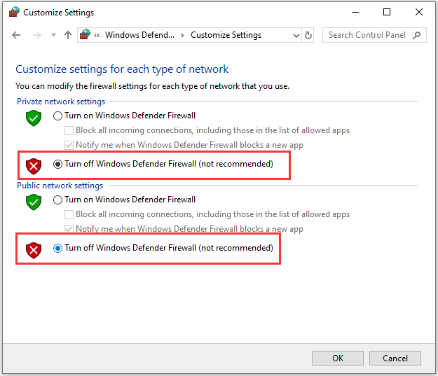 turn off Windows Defender Firewall