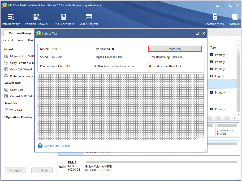 surface test using MiniTool Partition Wizard
