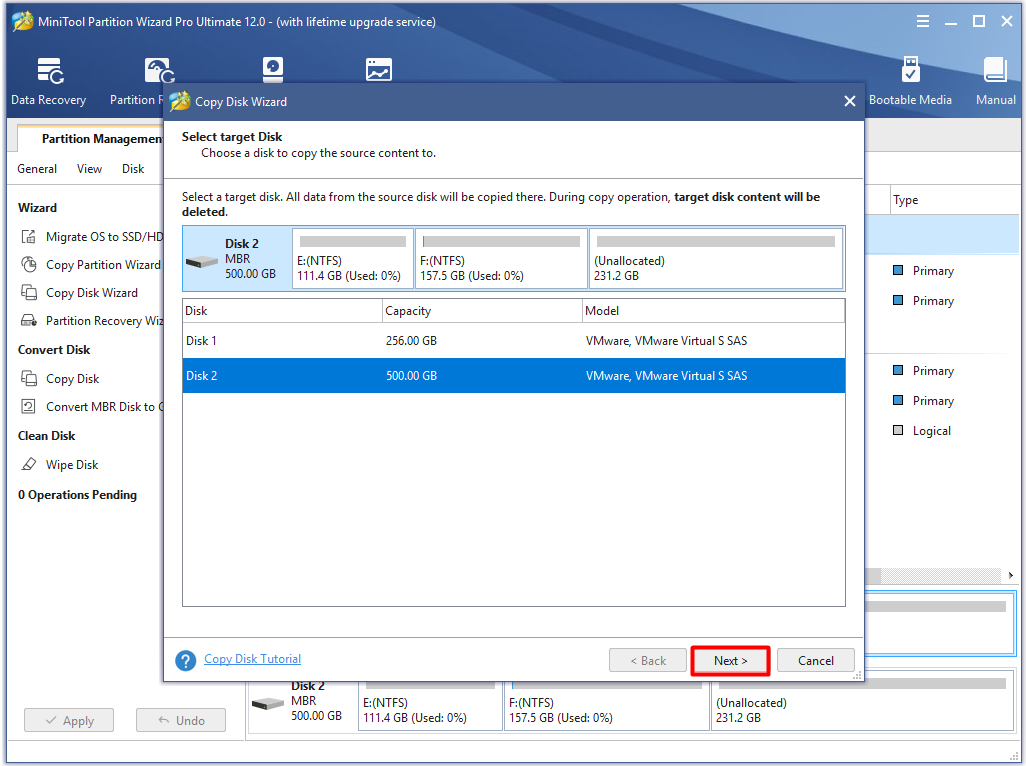 select a target disk and click next
