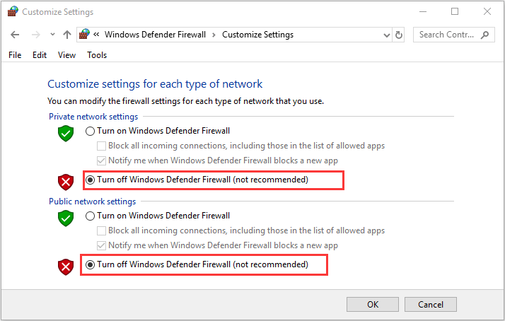 turn off Windows Defender Firewall