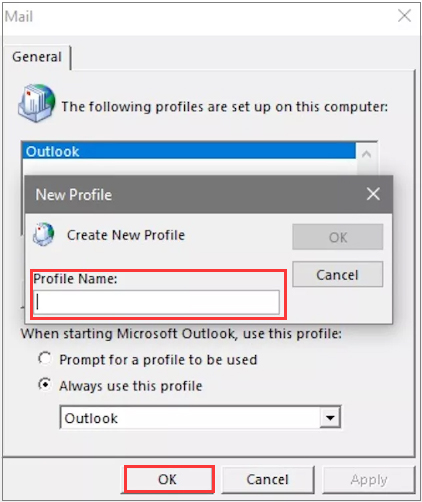 create a new profile in Outlook