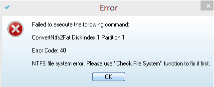 Partition Wizard error code 40 when convert file system