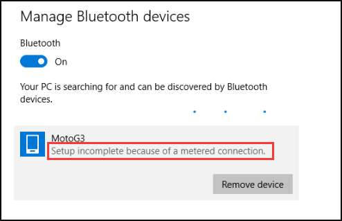 Setup incomplete because of a metered connection