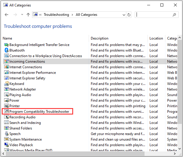 click Program Compatibility Troubleshooter