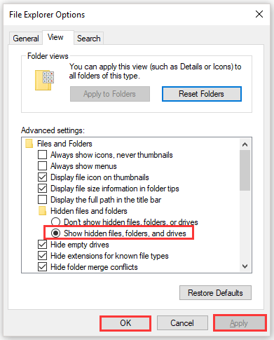 tick Show hidden files, folders, and drives