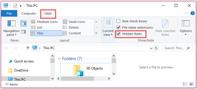 click on Hidden items in File Explorer