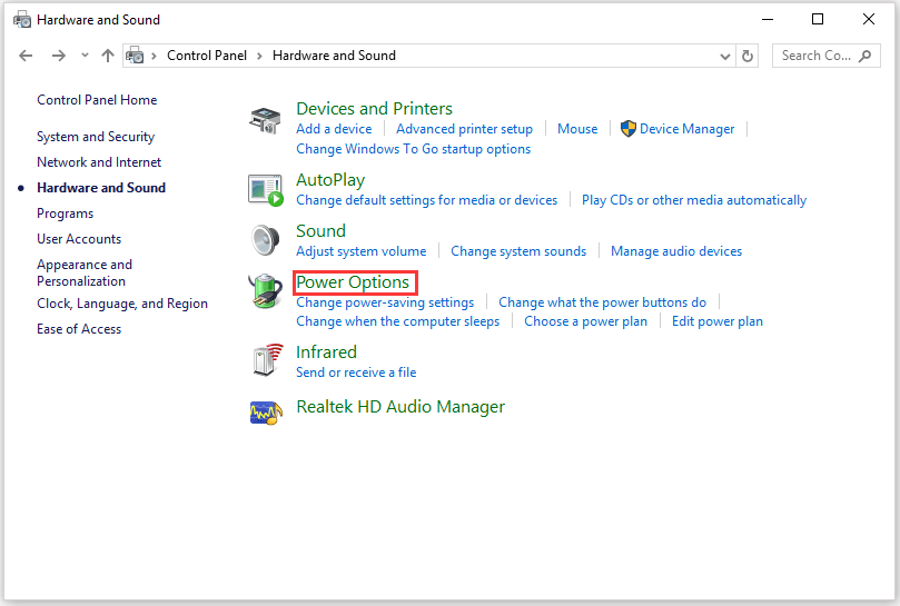 click Power Options