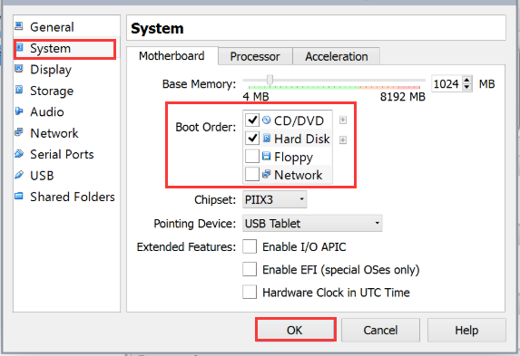 change the Boot order in VM settings