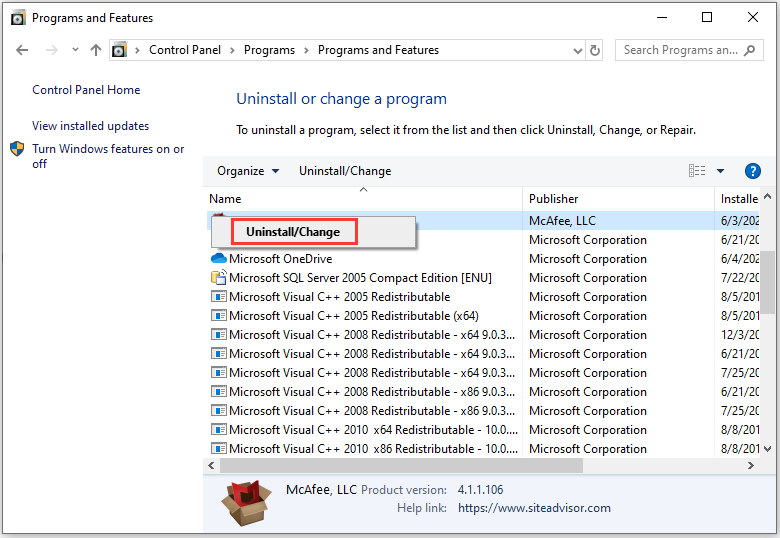 click Uninstall/Change