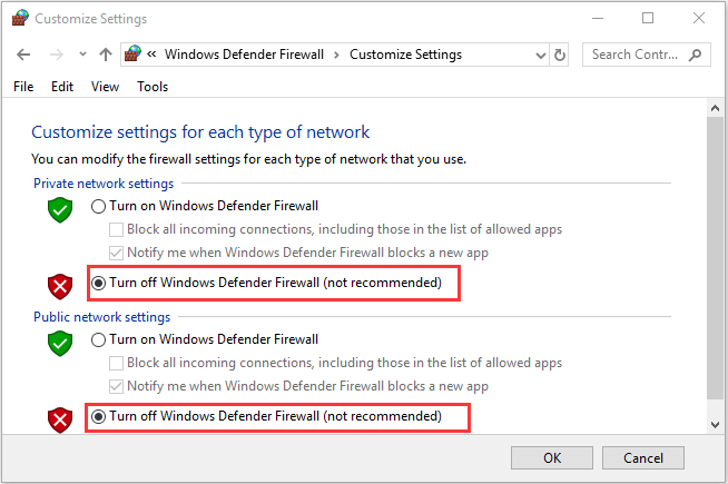 disable Windows Defender Firewall