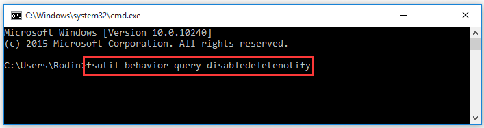 run fsutil behavior query disabledeletenotify