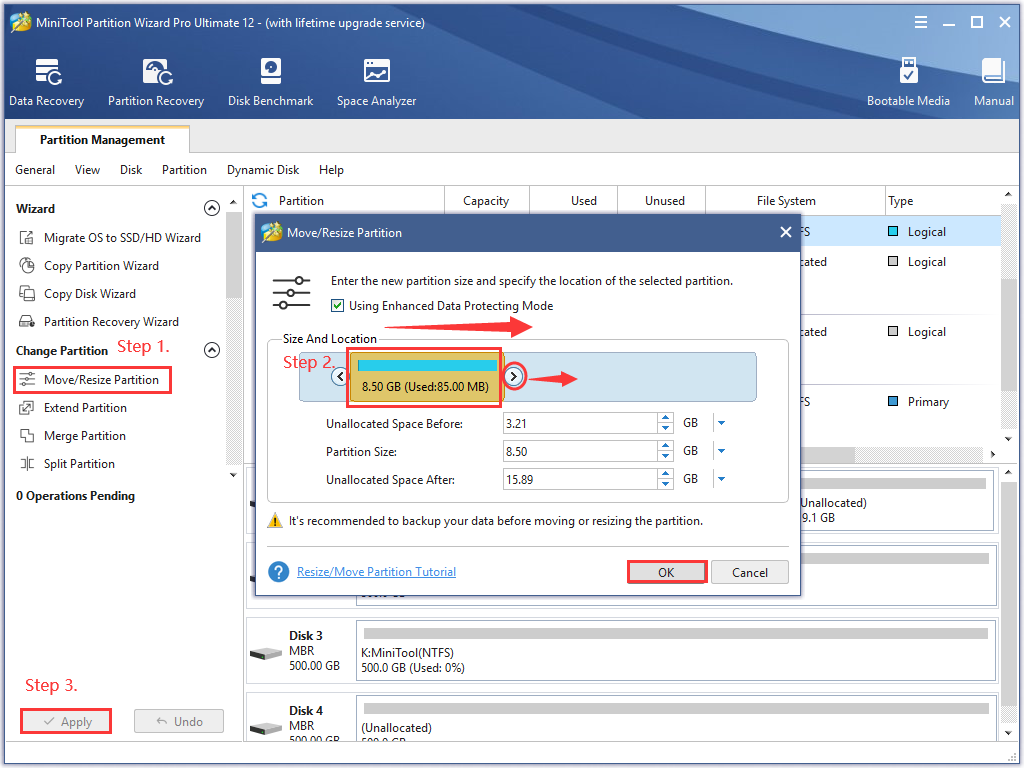 the process of resizing partition