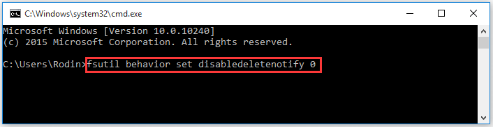 run fsutil behavior set disabledeletenotify 0