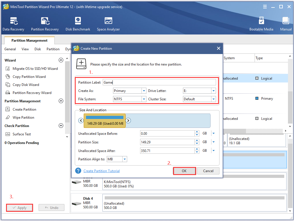 set the parameters of the partition and click on Apply