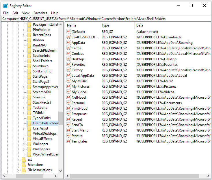 find User Shell Folder in Registry Editor
