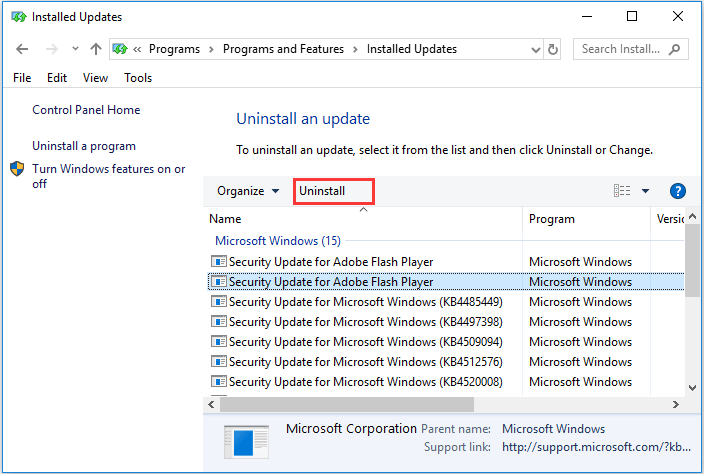 uninstall the latest installed update