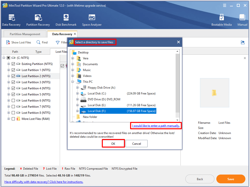 select a destination for the recovered files