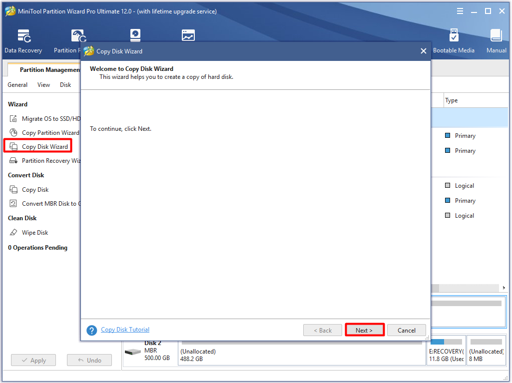 click on the copy disk wizard option