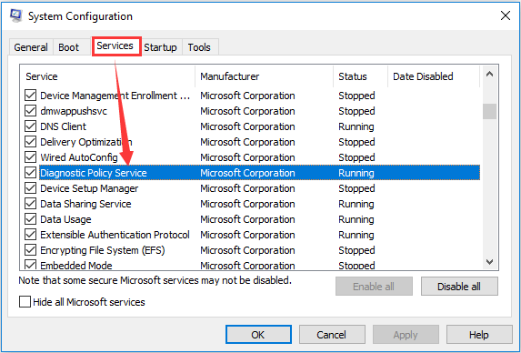 enable Diagnostic Policy Service in System Configuration