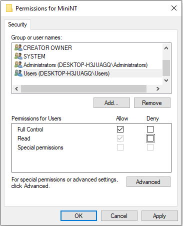 change Permissions for MiniNT