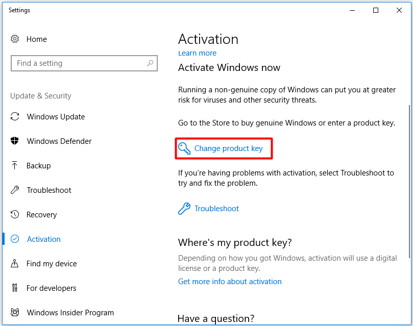 click the Change product key option