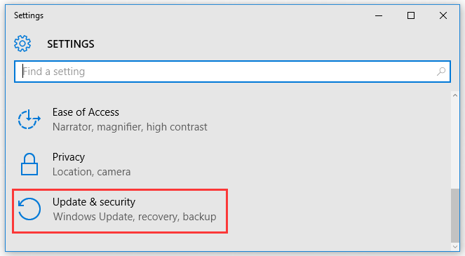 click on the Update and Security option