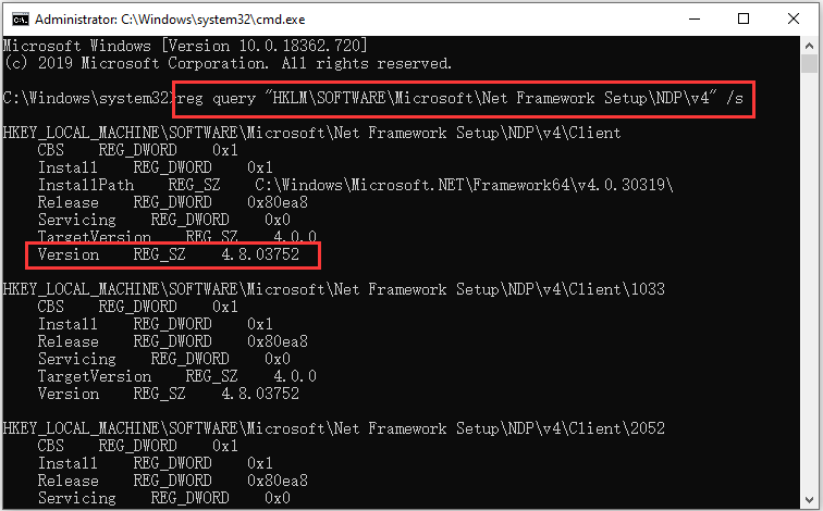 how to find .net framework version in windows 10
