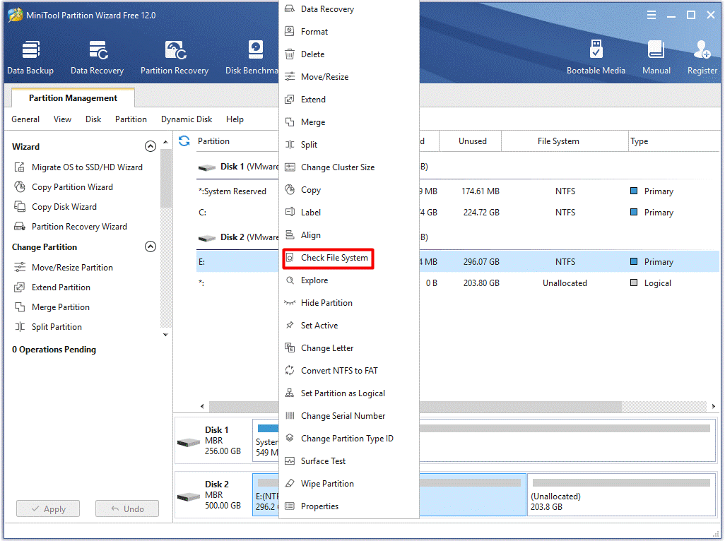 click on check file system feature on the menu