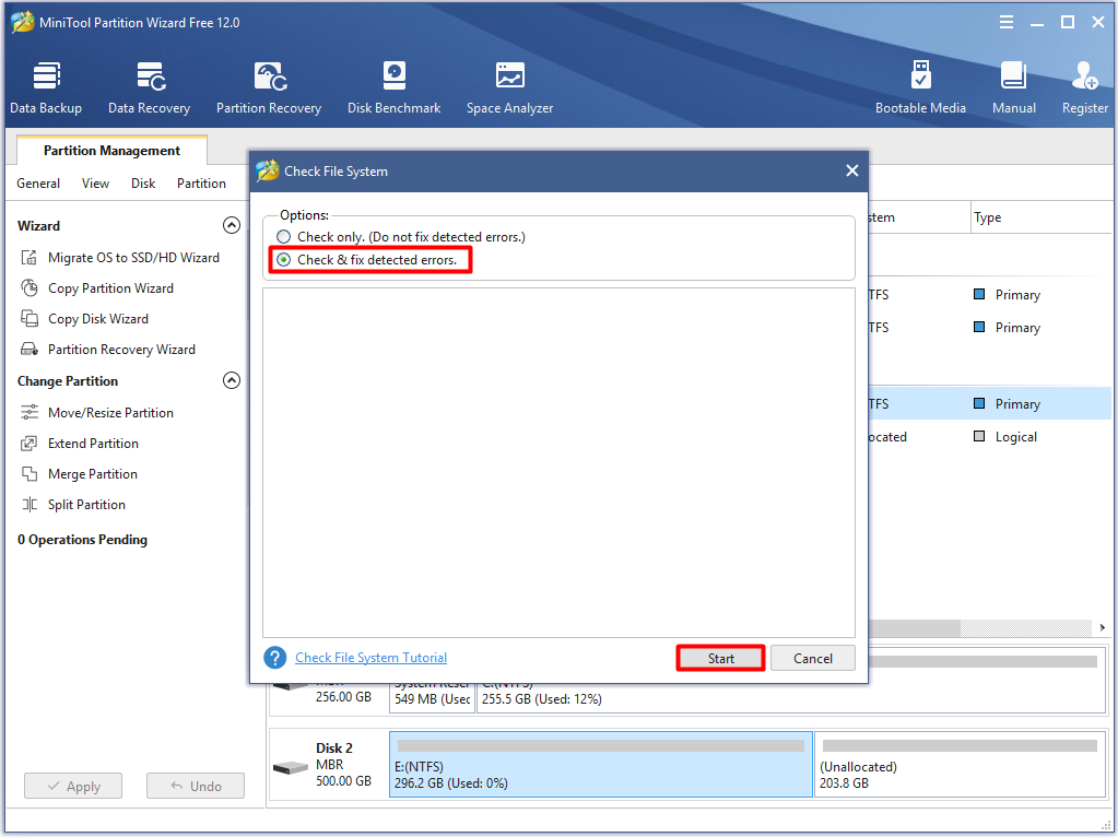 click check and fix detected errors option and click start button
