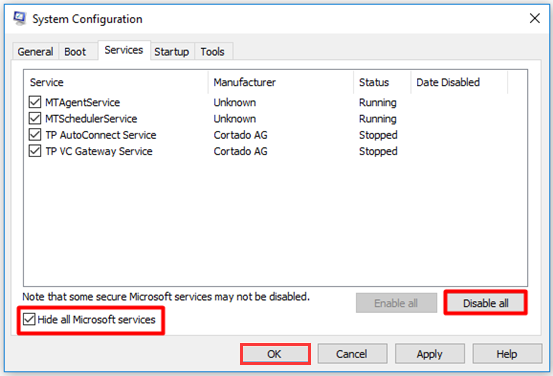 hide all Microsoft services and disable all