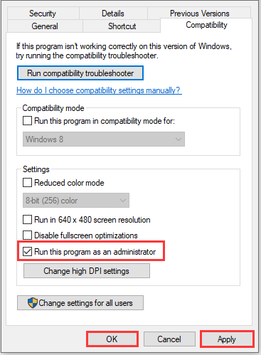 check Run this program as an administrator