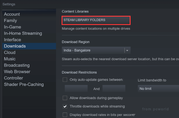 click on Steam Library Folders