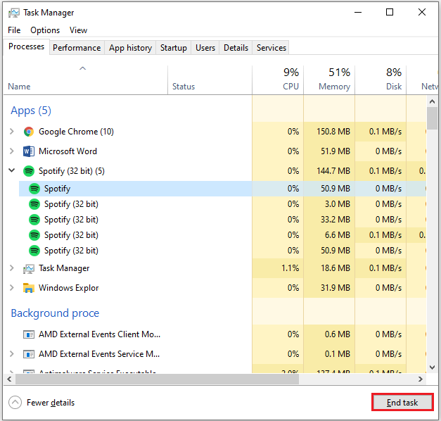 end processes in Task Manager