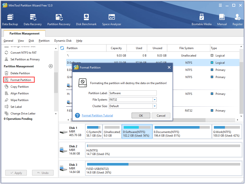 reformat the source hard drive with MiniTool Partition Wizard