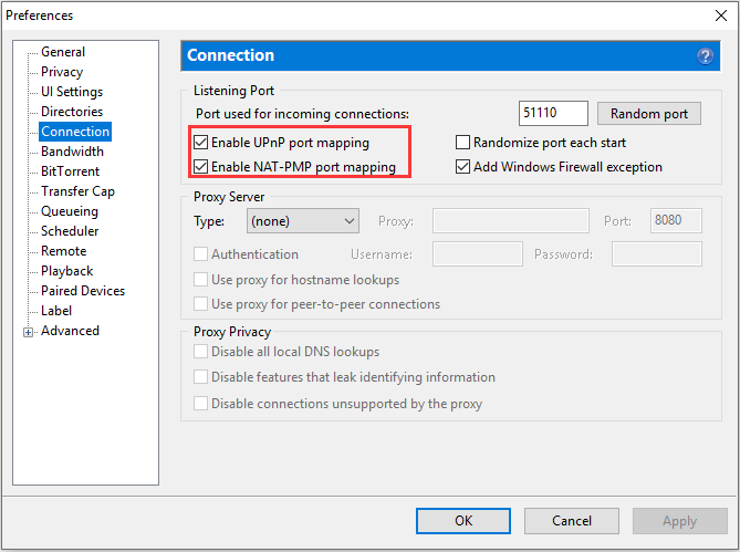 configure connection preferences