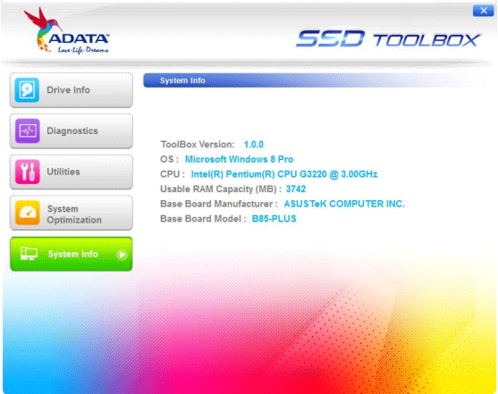 ADATA SSD Toolbox System Info