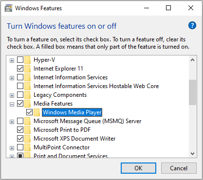 turn Windows features on or off