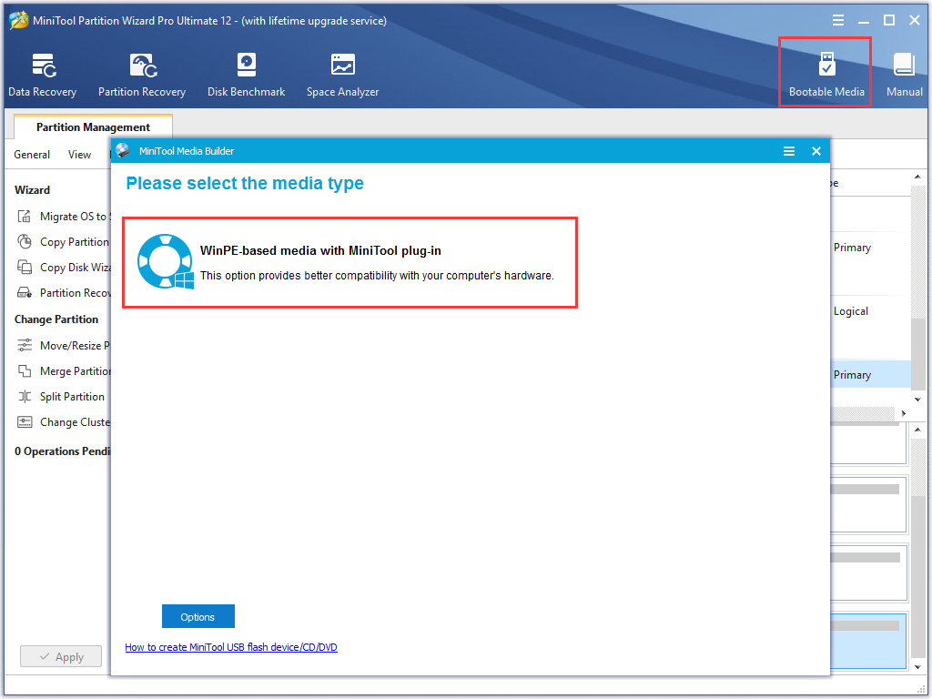 click on WinPE-based media with MiniTool plug-in