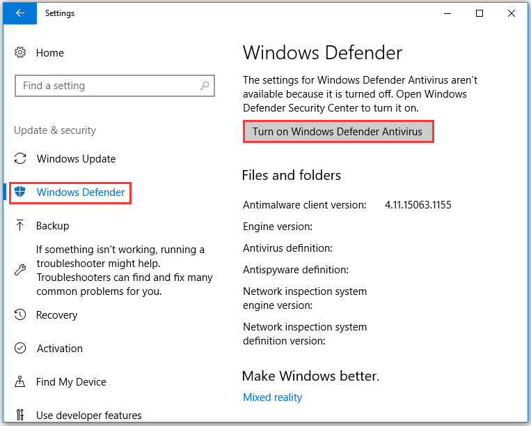 click Windows Defender