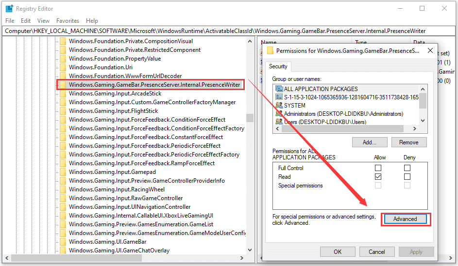 Change Permissions for Windows.Gaming.GameBar.PresenceServer.Internal.PresenceWriter
