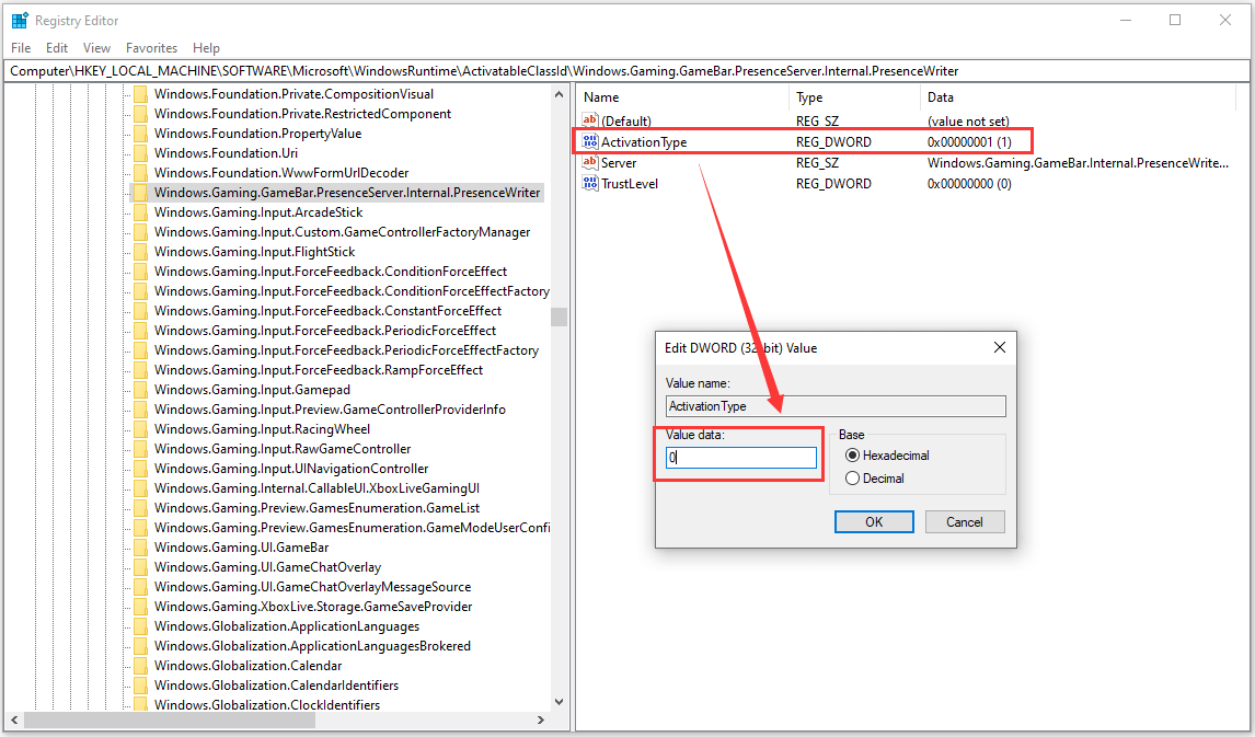 Change ActivationType Value to 0